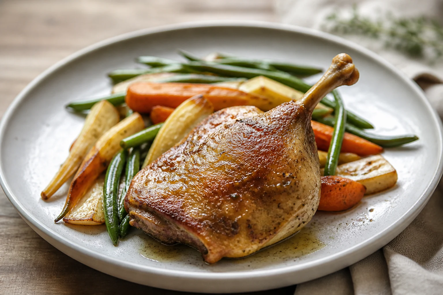 Cuisse de canard confite accompagnée de légumes rôtis et verts