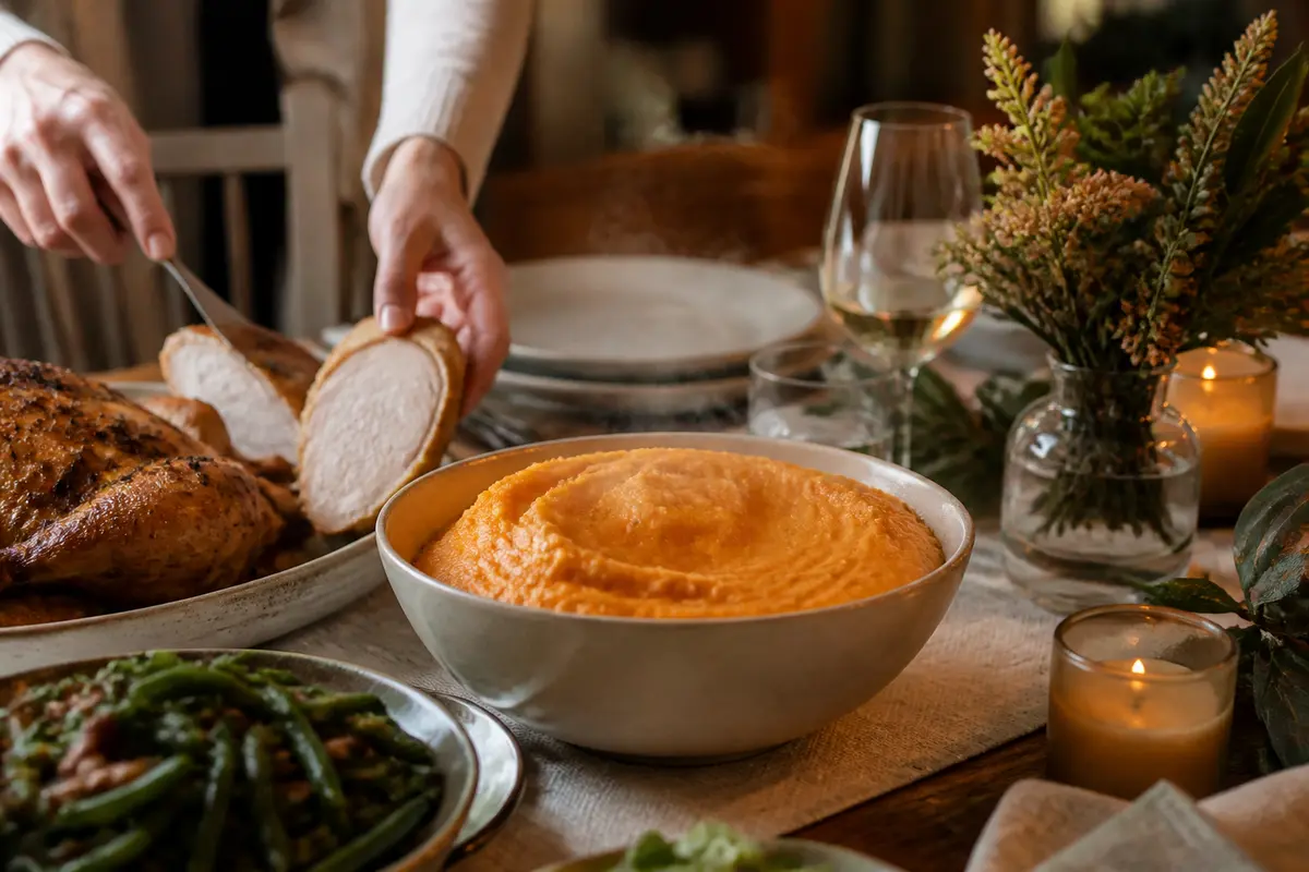 Viande servie avec une purée de patate douce